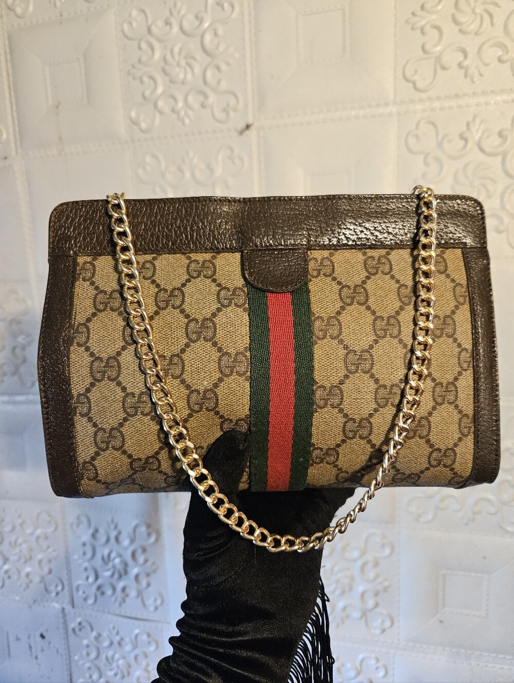 Gucci GG Supreme Canvas Ophidia Sherry Web 2way Clutch Crossbody Bag Authentic